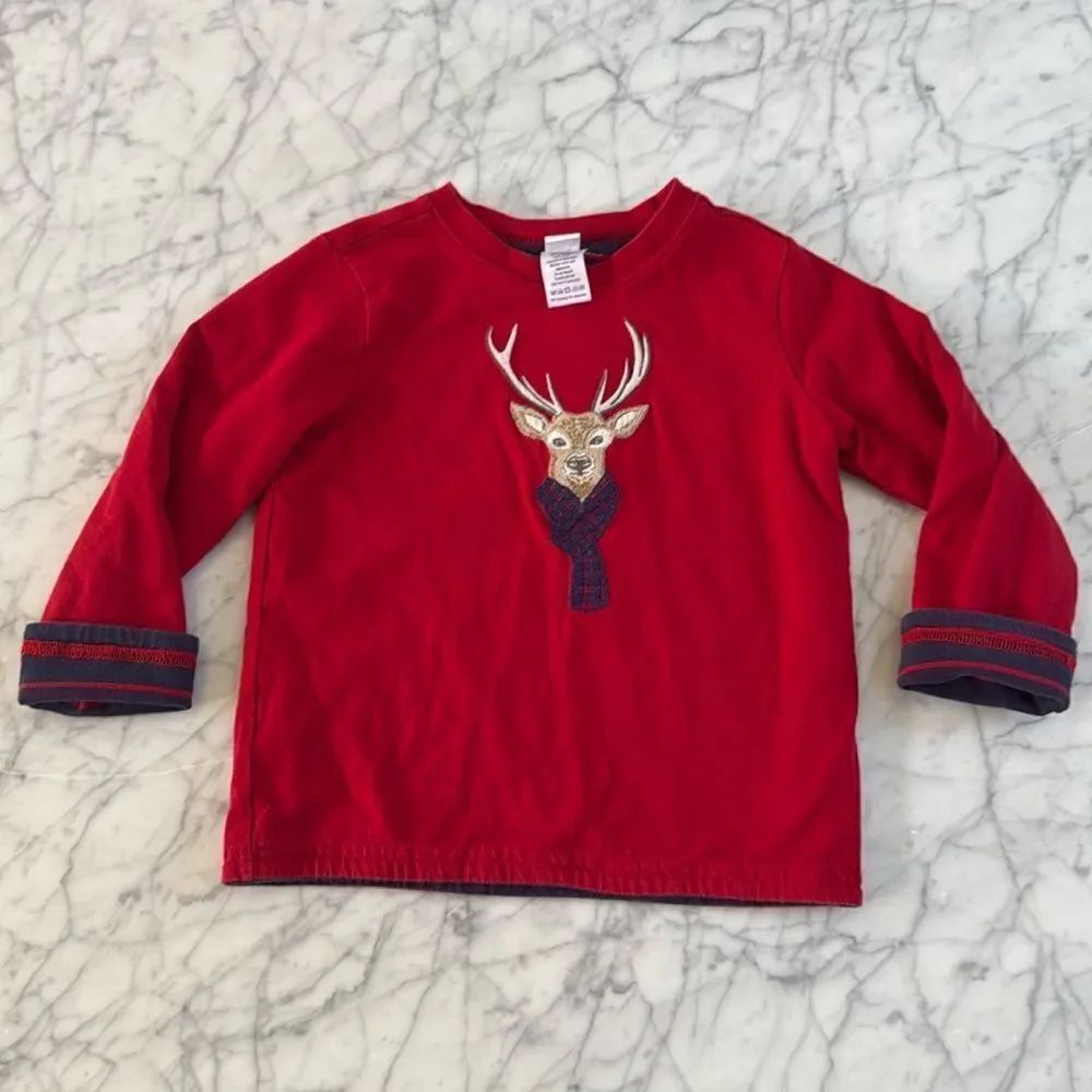 Janie And Jack Red Embroidered Reindeer Lined Shirt Sz 3T